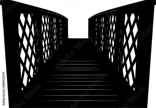 Angled perspective of a bridge deck with lattice railings silhouette