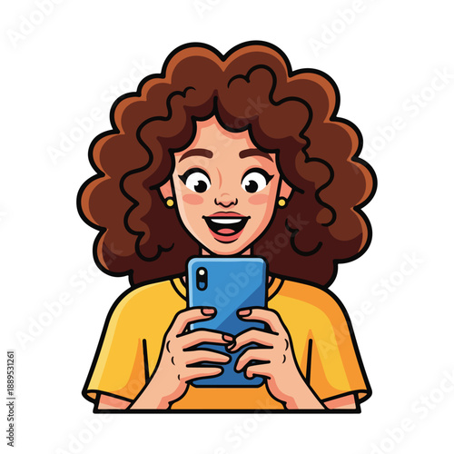 A cartoon woman with curly hair holding a blue phone