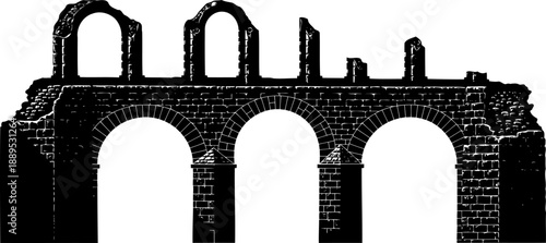 Ancient roman aqueduct ruins silhouette with double arch tiers