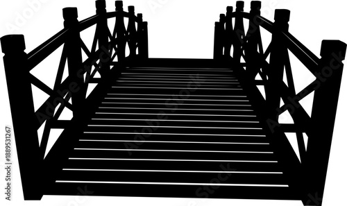 Wooden garden bridge perspective with x-brace railings