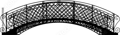 Wrought iron garden bridge silhouette with ornate scrolls
