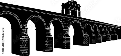 Ancient roman aqueduct silhouette with multiple stone arches