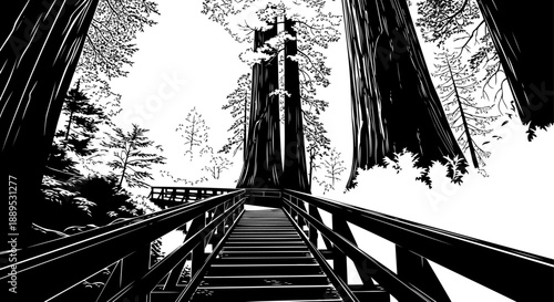 Wooden forest boardwalk path through massive redwood trees