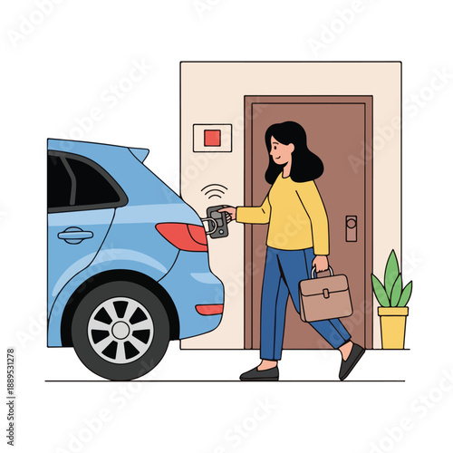 A cartoon woman unlocking a blue car with a smart device