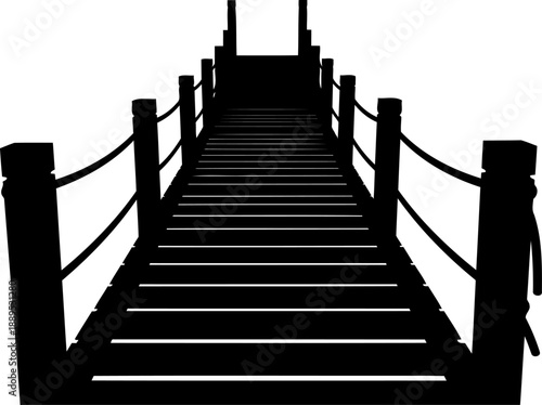Wooden boardwalk pier silhouette with rope railing