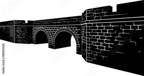 Ancient fortification wall with arched bridge silhouette