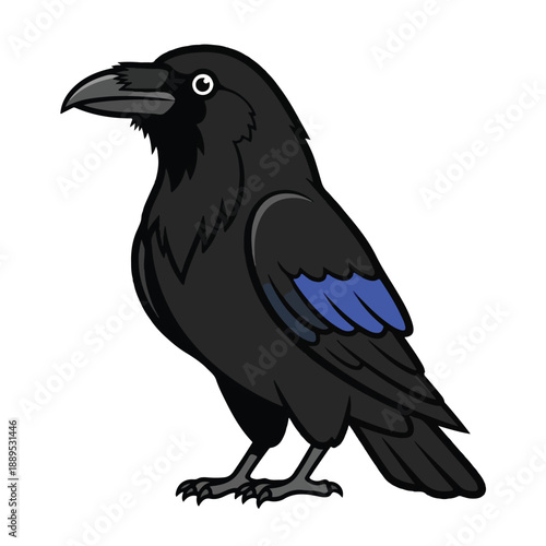 A cartoonish black bird with blue wing accents