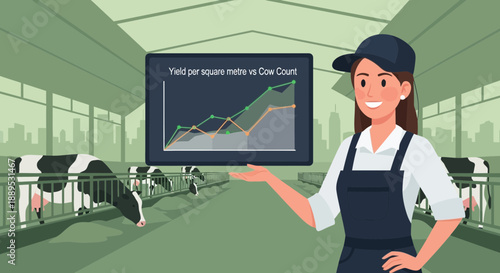 Female Farmer Presenting Data on Yield and Cow Count in a Modern Agricultural Building with Cows