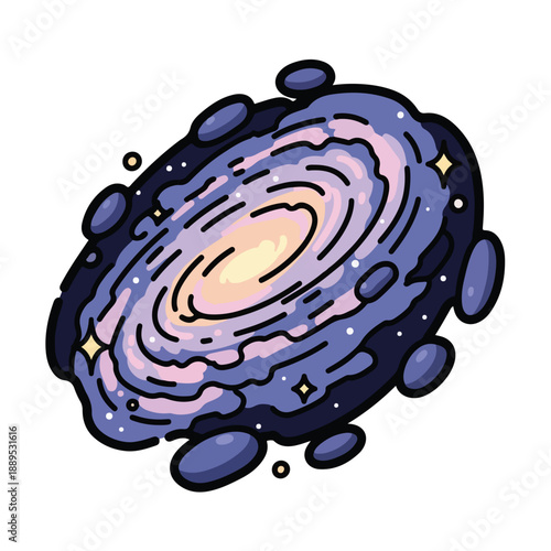 A cartoonish spiral galaxy with purple and pink hues and stars