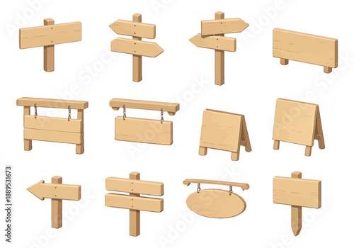 Cartoon wooden sign and billboard set featuring various empty boards, direction arrows, and a-frame displays for information, navigation, and advertising
