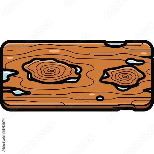 A cartoonish wooden plank with knots and black outline