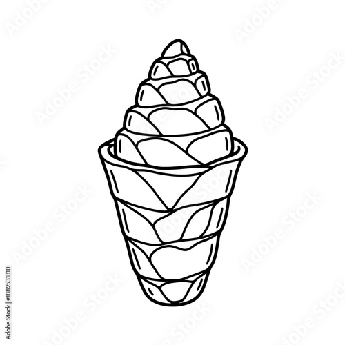 Graphic illustration of stylized pagoda style architecture, black and white, cone-shaped design