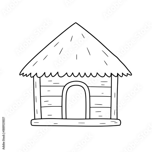 Simple dog house sketch with a thatched roof and a door, rendered with clear black lines