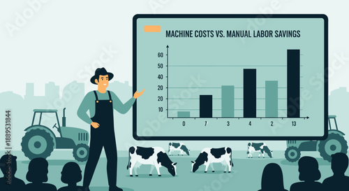 Agriculture Presentation with Farmer, Chart, Cows, and Tractors Showcasing Machine Costs vs. Labor