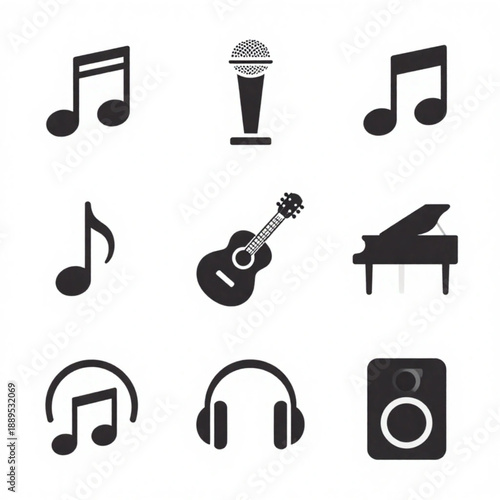 A set of black and white icons representing music notes, instruments like guitar and piano, microphone, headphones, and speaker.