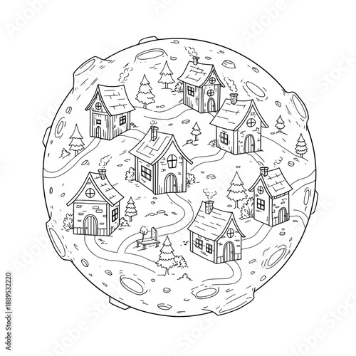 Lunar Village Outlined houses scattered on a moon, chimneys smoking, trees, and small craters