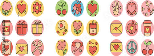 Cute pastel love and romance icon set with hearts gifts flowers and symbols, playful valentine flat vector collection