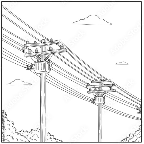 Electrical Grid An outline illustration showing power lines, utility poles, and clouds in a bright sky