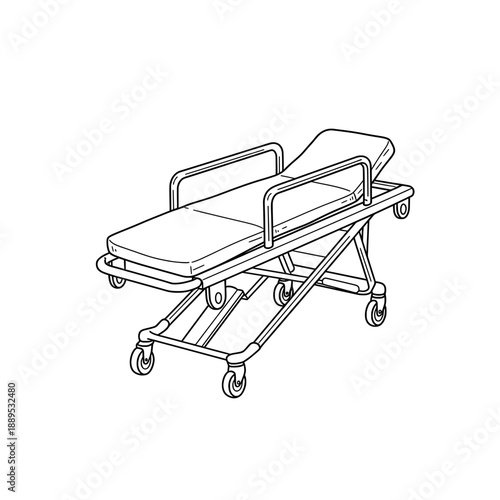A hospital gurney, simple black & white art. Wheels, bed, and bars, metal frame design