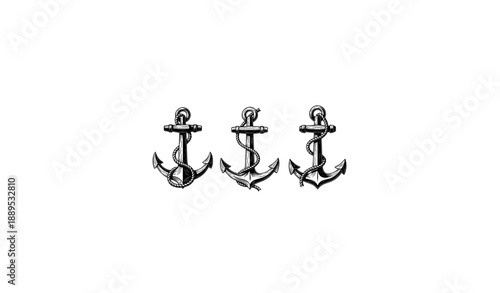Three Vintage Anchors with Rope Nautical Maritime Vector Illustration