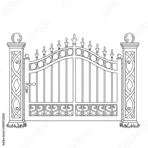 Detailed illustration of a decorative metal gate with a handle in black and white