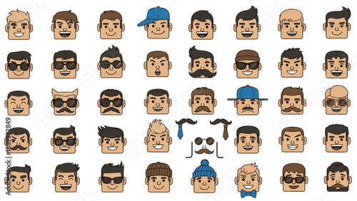 Cartoon Mens Faces with Various Hairstyles and Accessories