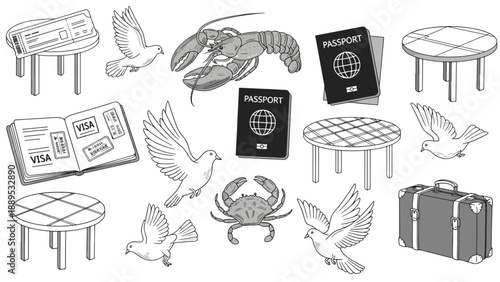 Travel and Vacation Icons Collection with Passports, Tickets, Suitcase, Doves, Lobsters, and Crabs
