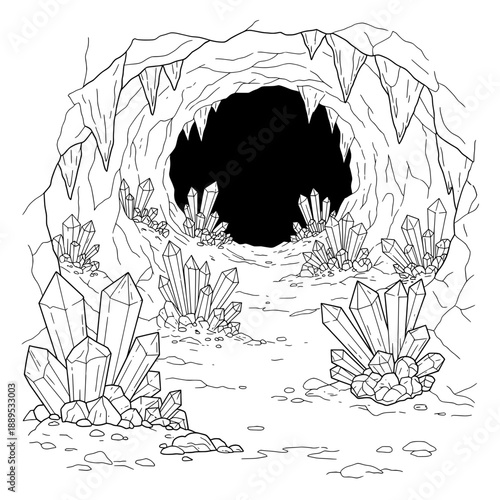 Crystalline Cave A cavern entrance adorned with crystals and stalactites in simple black and white