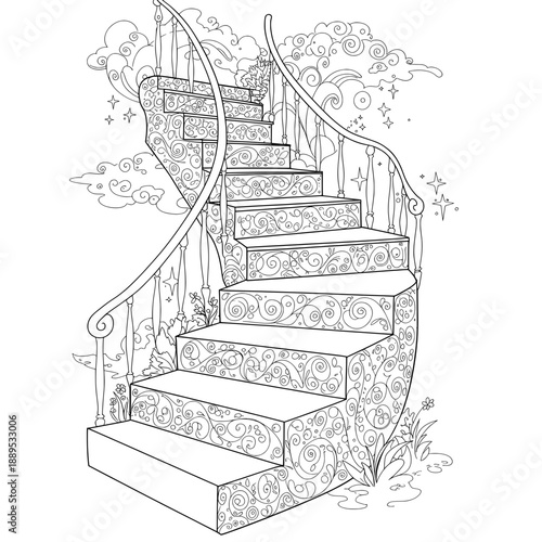 Dreamy Stairway Intricate stairs lead to clouds, adorned with swirls and sparkling stars