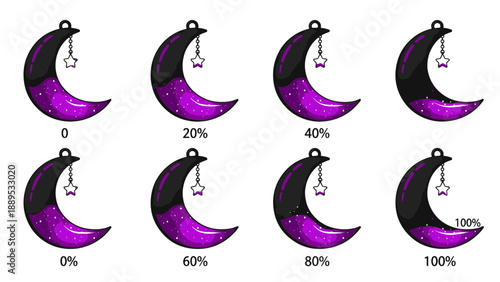 Crescent Moon Amulet Filling with Sparkling Purple Liquid Showing Various Percentage Levels on Dark Background