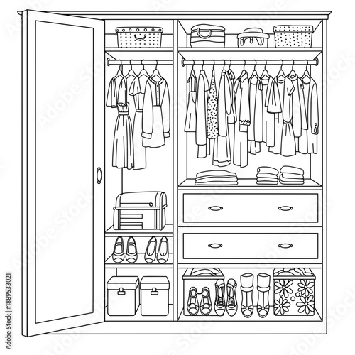 Open wardrobe with clothes, boxes, hangers, shelves, drawers, bags, and one door
