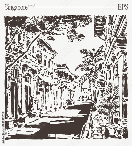 Singapore Shophouse Architecture Heritage Sketch