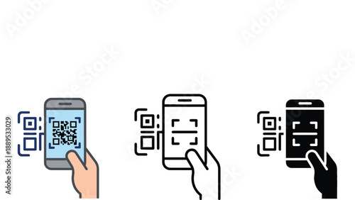 A hand scanning a QR code on a smartphone screen in different colors