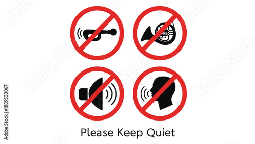 A sign with four icons indicating no noise and a quiet request message