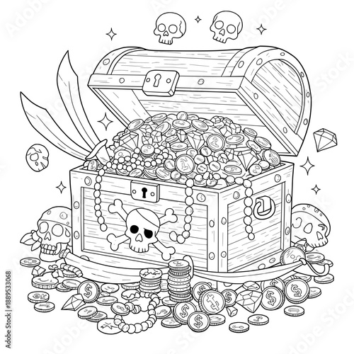 Open wooden chest overflowing with coins, jewels, beads, swords, and skulls on the sides