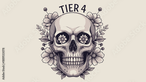 Floral Skull Illustration with Blooming Flowers and Arched tier 4 Text Against Cream Background