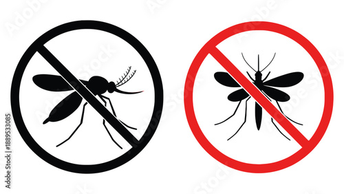 Two mosquito icons with red and black prohibition signs on white background