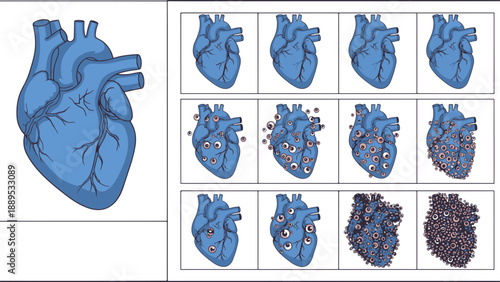 Human Heart Organ Gradually Transforming into Numerous Staring Eyes Medical Illustration Concept on Dark Background