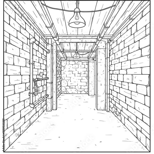 A dim, narrow tunnel with brick walls and pipes running along the ceiling