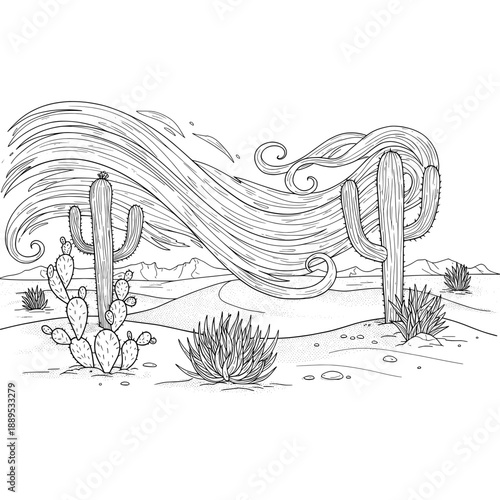 Desert scene with cactuses and wind