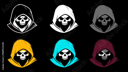 Hooded Figures and Skull Grim Reaper Character Illustrations in Various Colors on Black Background