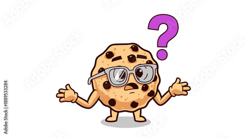 Confused Cookie Character Shrugging with Question Mark Above Head on Black Background