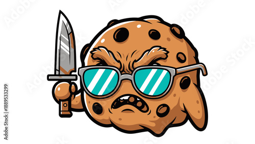 Angry Chocolate Chip Cookie Character Wearing Cool Sunglasses and Holding Sharp Knife on Black Background
