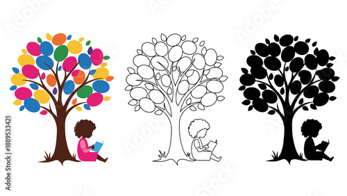 A young girl sitting under a tree reading a book in different colorful styles