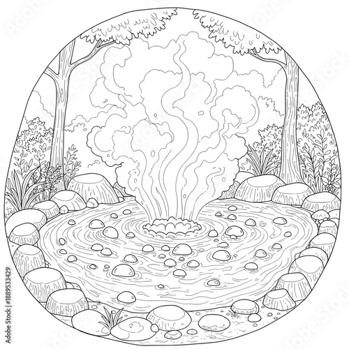 Geyser Scene A geyser erupts water amidst stones, trees, and plants in this tranquil landscape
