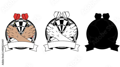 Emblematic crests featuring crossed arms, darts, and a bullseye target with a blank banner for text