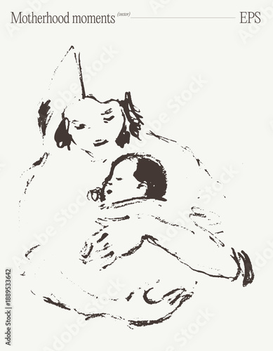 Mom Kissing Sleeping Baby Forehead Tender Sketch