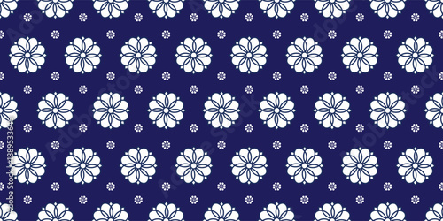 Japanese traditional floral seamless pattern. White flower motifs on indigo blue background. Elegant oriental textile vector for fabric and wallpaper.