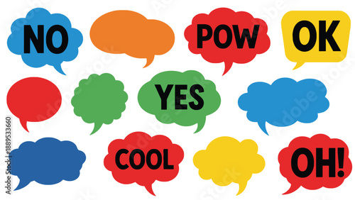 A colorful collection of speech bubbles with various expressions and reactions