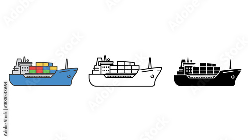 Three cargo ships with colorful containers on a white background